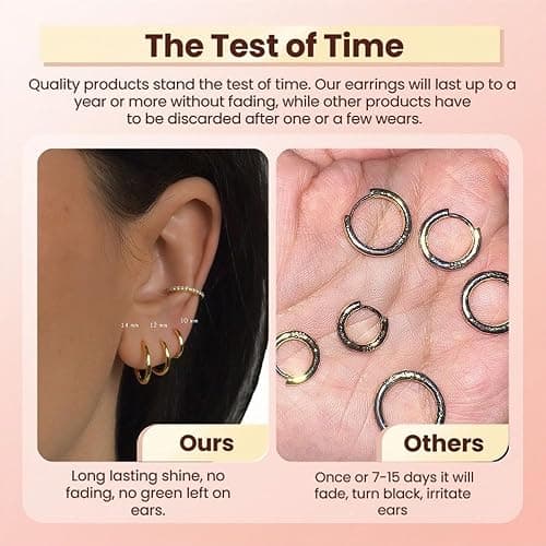 5 Pairs 14K Gold Plated Huggie Hoop Earrings for Women - Lightweight Minimalist Small Hoops, Hypoallergenic Nickel-free Lead-free, Non-Tarnish Everyday Jewelry for Sensitive Ears, Multiple Piercing Stack Set thumbnail 6
