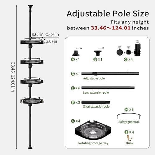 shuang qing 360° Rotating Corner Shower Caddy Tension Pole Organizer - 4-Tier Adjustable Rustproof Metal Pole, Plastic Shelves with Safety Guardrail, Bathroom Storage for Shower & Bathtub(Black) thumbnail 2