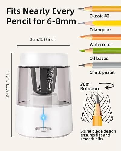 ZMOL Electric Pencil Sharpener, Automatic Pencil Sharpeners Kids, Battery Powered Rechargeable Pencil Sharpeners for Colored Pencils, Auto Stop, Suitable for No.2(6-8mm), School/Home - White thumbnail 2