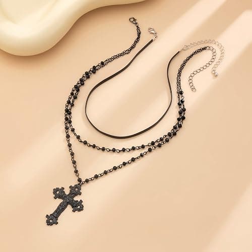 ZDPIQ Gothic Layered Cross Choker Necklace Black beaded Cross Pendant Choker Gothic Punk Emo Grunge Necklaces Christmas Halloween Costume Jewelry Gift for Women thumbnail 5