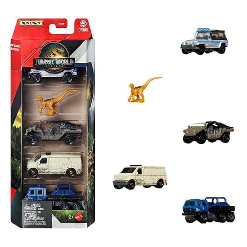 Jurassic World Matchbox Dinosaur Vehicle Collection, Die-Cast Cars and Figures 5 Packs, Bundle of 4, 20 Vehicles, JGL60-956B thumbnail 6