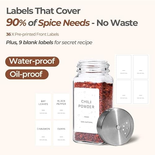 ComSaf Spice Jars with Lids & Labels 24 Pack, 120ml Square Small Glass Spice Containers with Adjustable Stainless Steel Shaker Tops & Funnel, Herb Jars Seasoning Jars for Rack, Drawer, Organiser thumbnail 4