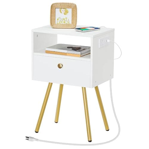 HOOBRO Nightstand with Charging Station, End Table with USB Ports and Outlet, Side Table for Tight Spaces, Solid and Stable, for Office, Bedroom, Study, White and Gold DW88UBZ01 - 1 - White + Gold - Image 1
