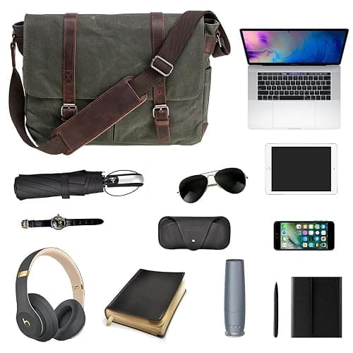 Vintage Genuine Leather Waxed Canvas Briefcase Large Satchel Shoulder Bag Rugged Computer 15.6" Laptop Bag thumbnail 7