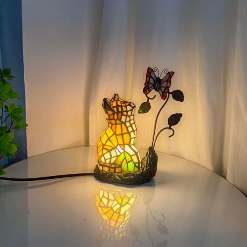 Bieye L10891 Tiffany-Style Stained Glass Cat Accent Table Lamp - Adorable Orange Cat Watching a Butterfly - 10-Inch Tall thumbnail 4