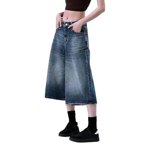 OTEEGX Jorts Women Baggy Jean Shorts Summer Long Denim Y2k Shorts for Women | Barrel Wide Leg Capri, High Rise, 4 Pockets, Plus Size Summer Bermuda Jorts, Boyfriend Vintage Streetwear thumbnail 4