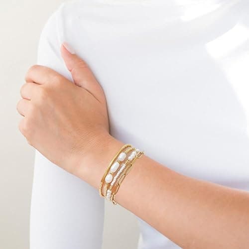 DiSiTino Gold Plated Beaded Bracelets for Women Stackable Set, Elegant Delicate Paperclip Link Stretch Chain Summer Bracelet Dainty Trendy Pearl Jewelry Birthday Gift thumbnail 2