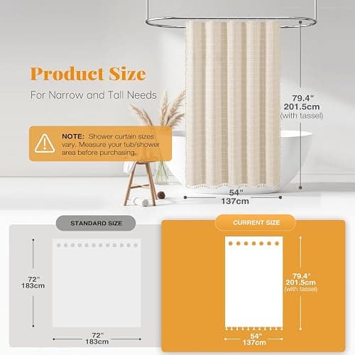 BTTN 54x78 Boho Farmhouse Linen Heavy Duty Shower Curtain Set, Cream/Beige | Narrow Long Size, 330GSM Linen Blend, 3-side Tassels, Waterproof Fabric, 10 Plastic Hooks, Rustic Bohemian, Machine Washable thumbnail 2