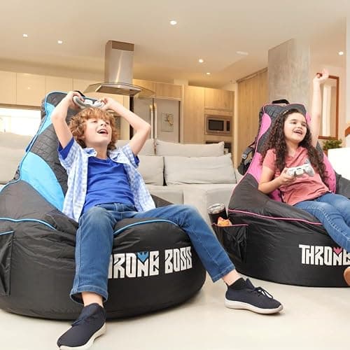 Throne Boss Gaming Bean Bag Chair for Kids with High Back – Floor Gaming Chair, Easy to Clean Oxford 420D Fabric, Large Side Pockets, Headphone Hanger – Cover ONLY Add 200 Liters Beans (Blue) thumbnail 2