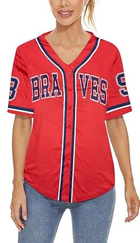 98 Baseball Shirt Women Cow Skull Graphic Fan Tshirt V Neck Country Vintage Jersey Button Down Short Sleeve Tops - Small - Red thumbnail 2