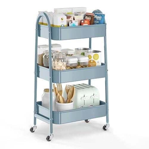 3 Tier Utility Rolling Cart, EAGMAK Metal Storage Cart with Handle and Lockable Wheels, Multifunctional Storage Organizer Trolley with Mesh Baskets for Kitchen, Living Room, Office, Garage (Blue) thumbnail 2