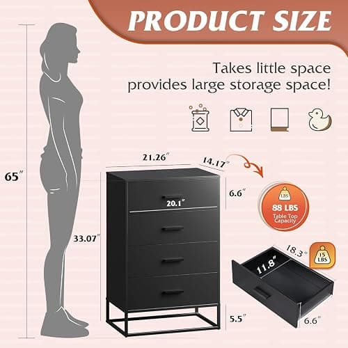WLIVE Black Dresser for Bedroom with 4 Drawers, Tall Wood Dresser with Sturdy Metal Frame, Wooden Chest of Drawers for Hallway, Living Room, Closet thumbnail 3