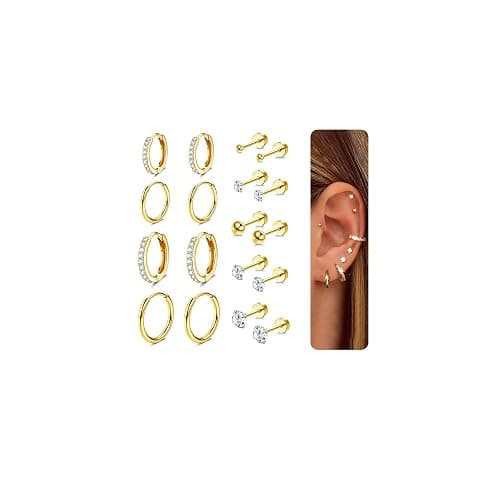 Jstyle 9 Pairs Earrings Sets for Multiple Piercing Hypoallergenic 14K Gold Plated Small Huggie Hoop Earrings for Women Tiny Ball CZ Gold Flat Back Stud Earrings for Women Lobe Helix Cartilage Earrings - Gold Tone - Image 1