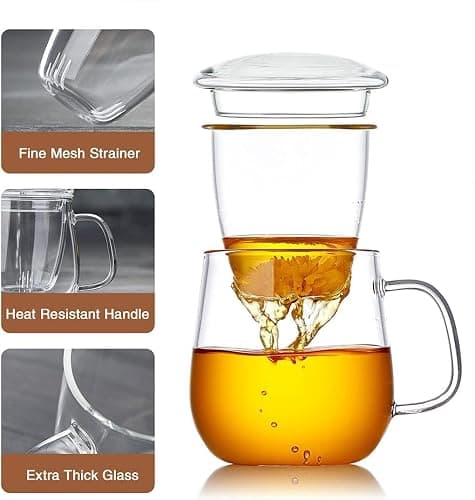 DOPUDO Glass Teacups 2 Pack Glass Tea Cup with Infuser and Lid, 17.6oz/520ml Large Borosilicate Teacup,Tea Clear Mug Cup for Loose Leaf Blooming Tea, Microwave & Dishwasher Safe thumbnail 4