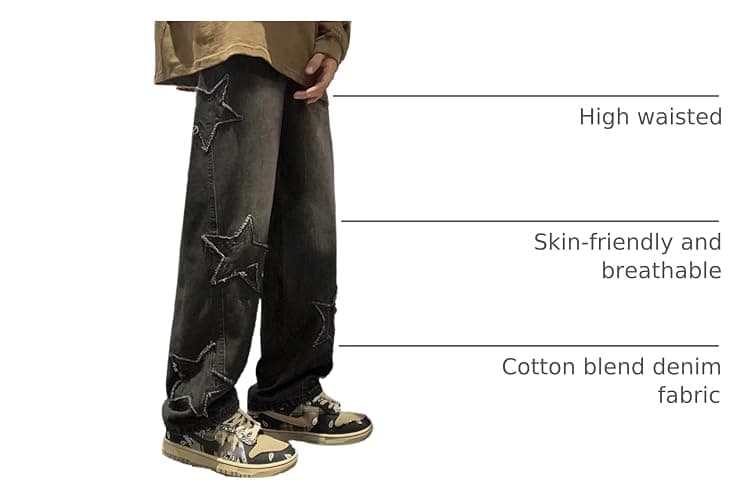 Mens Y2k Star Jeans High Waisted Hip Hop Streetwear Jeans Loose Baggy Embroidery Aesthetic Harajuku Denim Pants thumbnail 4