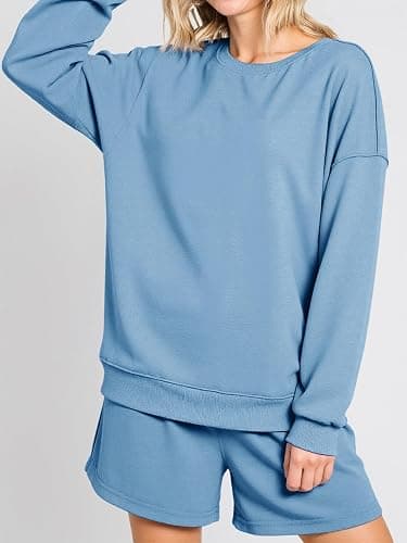 Tankaneo Womens Oversized 2 Piece Outfits Sweatsuit Casual Long Sleeve Crewneck Sweatshirts Sweat Shorts Fall Lounge Sets thumbnail 3