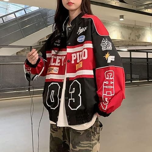 POHADON Varsity Jacket For Women Patchwork Long Sleeve Racing Bomber Letterman Jackets Color Block Y2k Vintage Streetwear - Medium - Red thumbnail 3