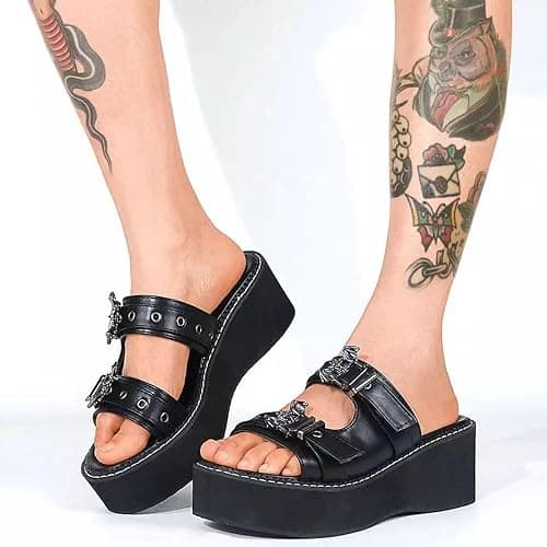 Gothniero women black platform sandals goth chunky wedge heel summer sandals girls gothic punk platform sandals for women metallic spider buckles slides size 5.5-11 thumbnail 6