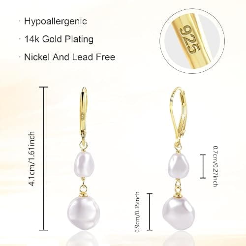 LANCHARMED 14K Gold Pearl Dangle Earrings for Women，925 Sterling Silver Double Pearl Drop Earrings，Leverback Irregular Pearl Hypoallergenic Earrings thumbnail 4