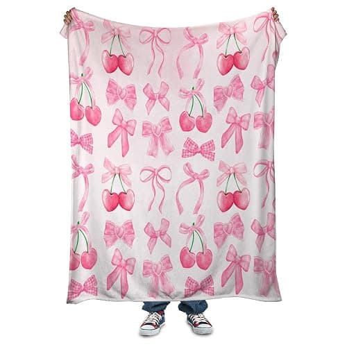 Reateforin Pink Cherry Bow Throw Blanket Back to School Decorations Soft Dorm Room Essentials Gifts for Students Girls Boys Lightweight Coquette Bow Cherry Aesthetic Blanket for Couch Sofa Bed 50"x60" - Image 1