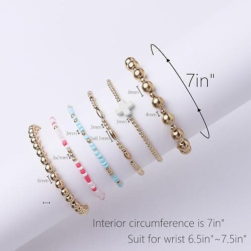 Gold Beaded Bracelets for Women: 14K Gold Bracelets for Women Trendy Dainty Gold Ball Bracelet Stack for Womens - Boho Stretch Bracelets Jewelry Sets with Cross Fashion Accessories Gifts for Women thumbnail 5