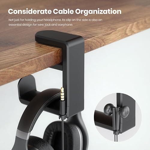 EURPMASK Rotating Headphone Stand - PC Gaming Headset Holder, Adjustable Clamp-on Under Desk Hanger With 360 Degree Swivel & Cable Clip Organizer - Black thumbnail 7
