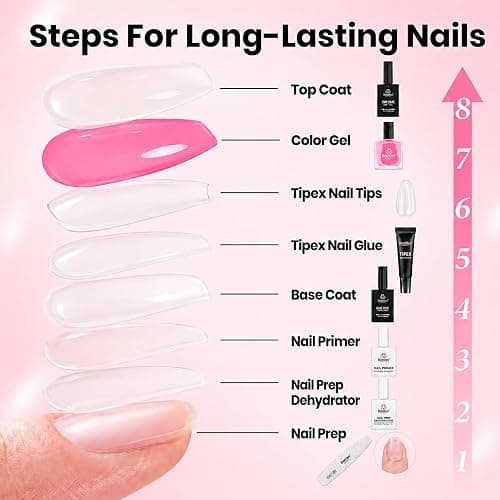 Beetles Tipex Instant Apex Nail Tips Kit, Long Square, 224pcs 16 Sizes | With Dehydrator & Primer, Thicker, Reinforced Apex for Long-Lasting Wear, 20g Solid Nail Glue, Mini UV Lamp, Base & Top Coat thumbnail 3