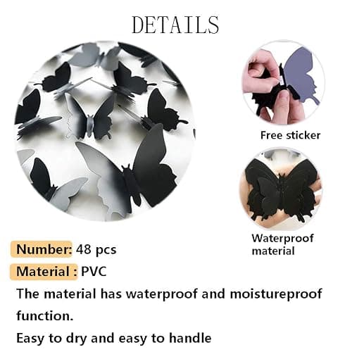 3D Butterfly Wall Decor, 48PCS Removable Mural Stickers Wall Stickers Decal for Home and Room Decoration (Black) thumbnail 4