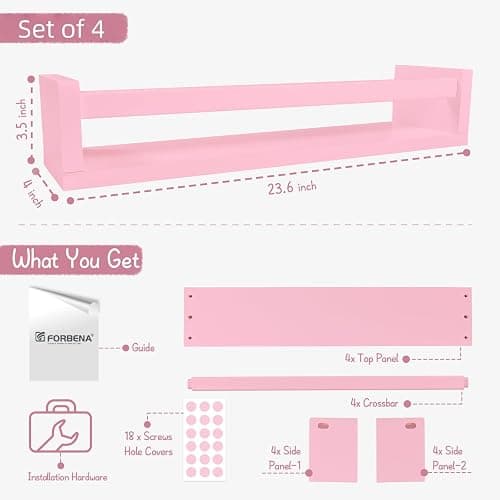 Forbena Large Pink Kids Book Shelves for Girls Room Wall Set of 4, Floating Nursery Book Shelf for Baby Girl Deocr, 24 Inches Long Wall Mounted Bookshelf for Toddler Kid Child Teens Bedroom (Pink) thumbnail 3