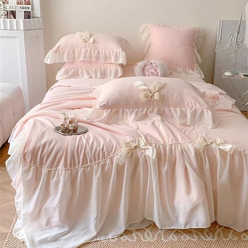 IHOUSTRIY Duvet Cover Twin Size, Ruffle Beddding Set with Bowtie, 2 Pieces Comforter Cover Set with Zipper Closure, Girl Princess Bedding with Pillowcase - Light Pink, Twin thumbnail 5