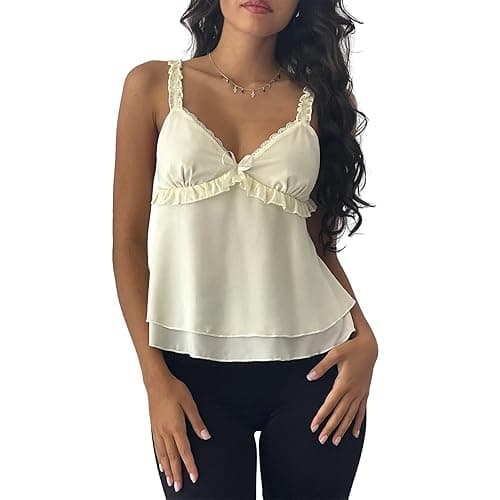 Womens Sexy Lace Camisole Tank Tops Y2k Slim Fit Corset Going Out Streetwear Ruffle Hem Spaghetti Strap Cami Tops - Ruffle Beige - Small