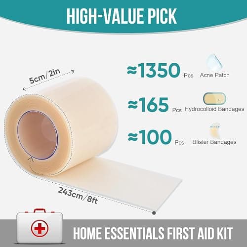Hydrocolloid Roll for Wound Care, Pimple Patch Roll Tape with Self-Adhesive, Bed Sore Bandages, Highly Absorbent for Burn, Blister, Acne Care, Sterile and Waterproof (2in x 8ft) thumbnail 2