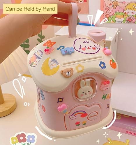 Kawaii Mushroom House Piggy Bank with Key and 3D Stickers Kids Teen Girls Money Saving Box Deposit Box Cute Kawaii Storage Box Desk Organizer Back to School Supplies (Pink) thumbnail 4