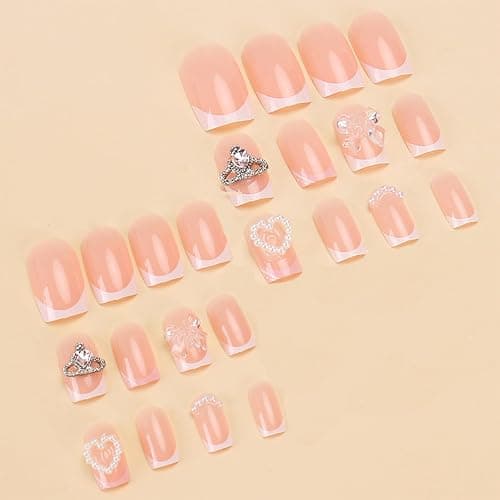 IMRAIN Press on Nails Short Square Fake Nails Cute Heart Pearl & Rhinestone Squoval False Nails Pink Glossy Full Cover Glue Stick on Nails for Women Girls Manicure Decorations thumbnail 3
