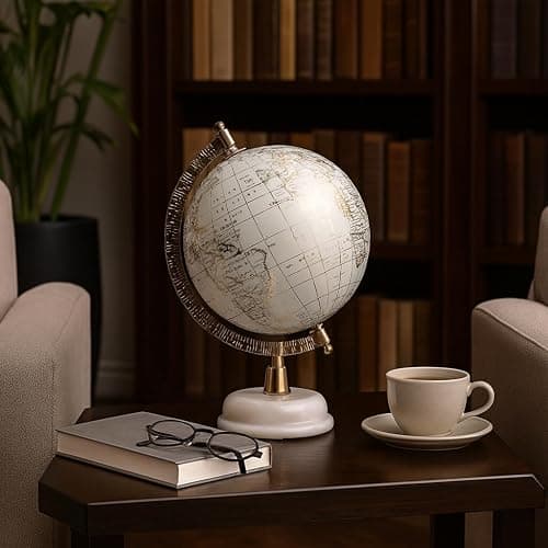 Decorative Globe with Marble Base for Home or Office Decor - Ornament for Desk, Hallway, or Coffee Table - Modern Desktop Globe for Living Room Decor or Shelf Display - 10", White & Gold thumbnail 3