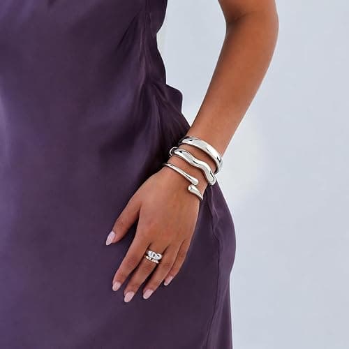 Chunky Gold Bangle Bracelets for Women Trendy 14K Gold Plated Cuff Bracelets Stack, Dainty Gold Bracelet Sets Non Tarnish Fashion Jewelry Gift thumbnail 5