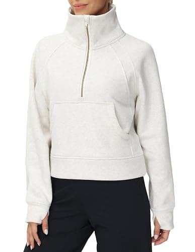 THE GYM PEOPLE Womens' Half Zip Pullover Fleece Stand Collar Crop Sweatshirt with Pockets Thumb Hole - Image 1