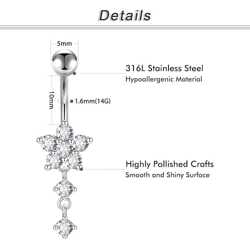 Crdifu Bauchnabelpiercing 10mm Silber Bauchpiercing Edelstahl Herz Schmetterling Blume Anhänger Piercing Bauchnabel Schmuck Damen thumbnail 2