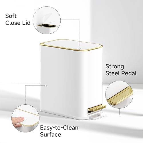 TIPGO Small Bathroom Trash Can with Lid, 5 Liters / 1.3 Gal, White | Foot Pedal, Soft Close Lid, Removable Inner Bucket, Slim Stainless Steel Waste Basket for Bedroom, Office, Kitchen thumbnail 2