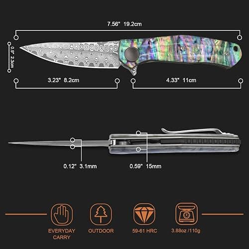 AUBEY Damascus Pocket Knife for Women Men, Sharp 3.23" Damascus Steel Blade Knife with Clip, EDC Hunting Knives with Abalone Shell Handle, Gift for Camping Outdoor thumbnail 3