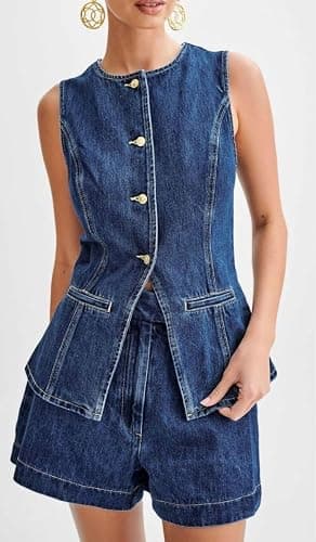 colarat Women's Denim 2 Piece Set Casual Business Sleeveless Jean Blazer Vest Tops and Shorts Outfit Tracksuits thumbnail 2