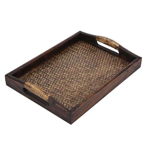 Rattan Serving Tray with Handle, Rustic Table Tray Rectangular Tea Tray  - Image 1