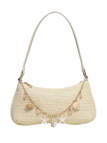 GORGLITTER Women's Boho Seashell Beaded Bag Woven Straw Bags Summer Clutch Purse - Image 1