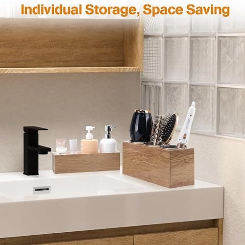 GFWARE Hot Hair Styling Tool Organizer with 3 Stainless Steel Cups, Wood | Hair Accessories Bathroom Vanity Storage, Hair Dryer, Blow Dryer, Curling Iron, Flat Iron, Hot Tools Cooling, Wood-Look thumbnail 5