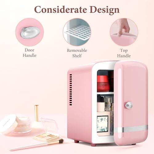 Xbeauty Retro Mini Fridge, Compact Refrigerator with 4L Capacity/6 Cans，Cooler & Warmer, Removable Shelf for Skincare, Beverages, Cosmetics, Perfect for Dorm, Bedroom, Pink thumbnail 5