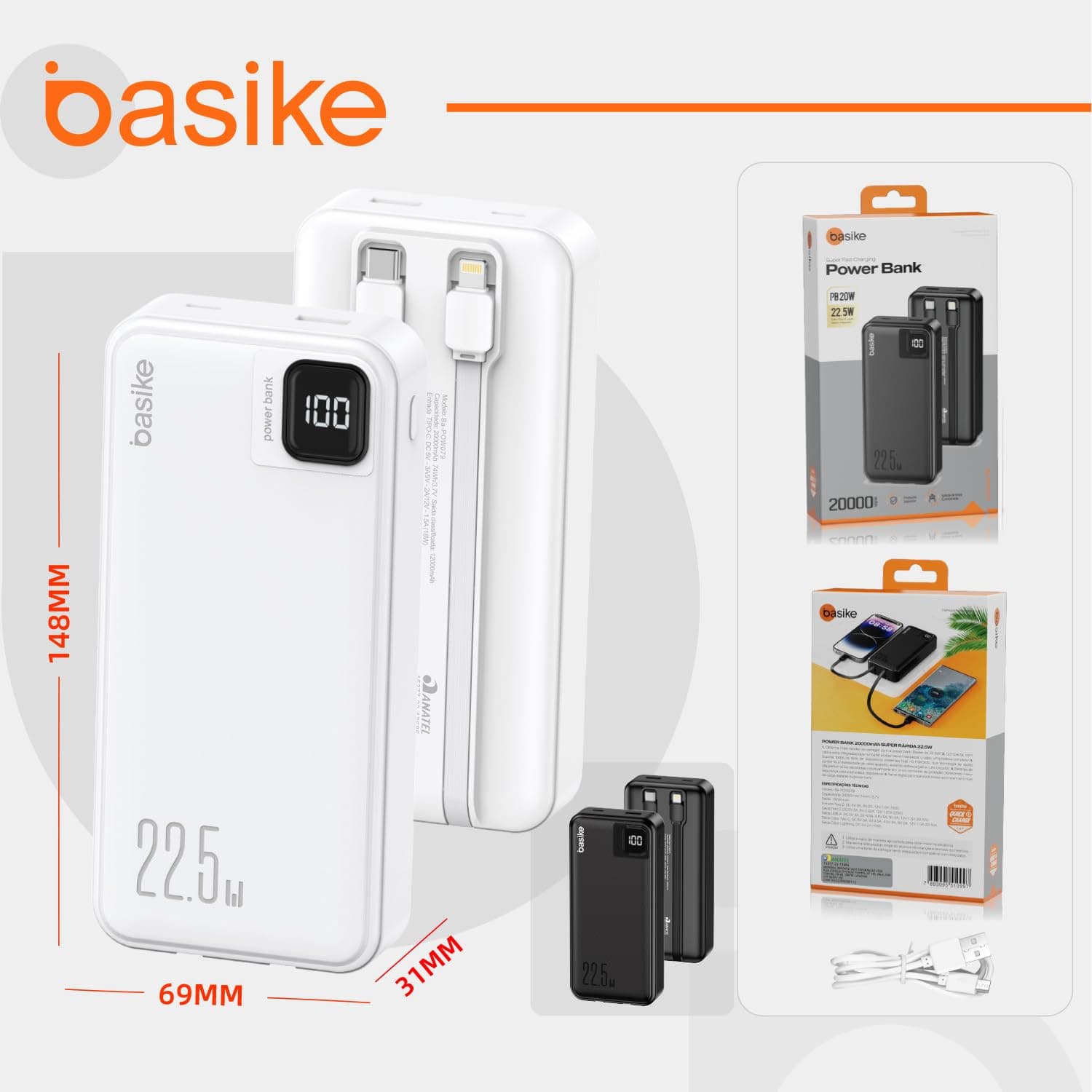 Basike Power Bank, Carregador Portátil Universal 20000mAh, USB-A(até 22.5W)+USB-C(até PD20W), com 2 Cabos Integrados (USB-C, Lightning) Carregamento Rápido, Led Indicador de Bateria (Branco) - Branco thumbnail 8