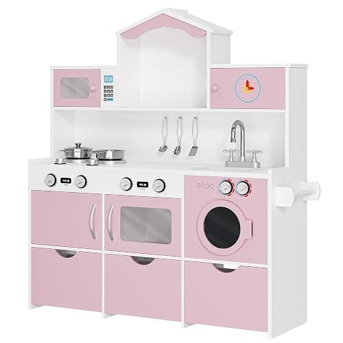 Keyluv Wooden Play Kitchen for Kids and Toddler, Montessori Toy Kitchen Playset with Plenty of Pretend Play Features and Storage Drawers, Gift for Boys and Girls, Pink thumbnail 9