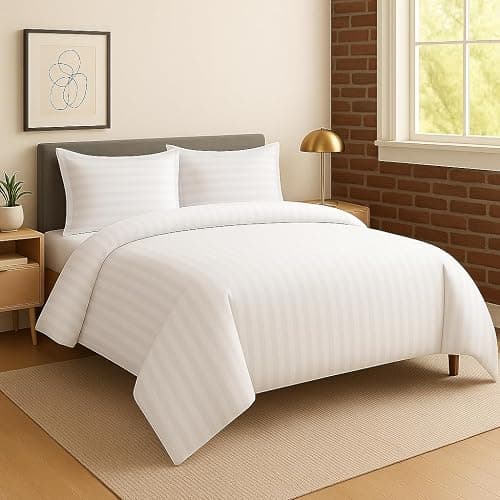 MIA we dress your home Luxury Double Duvet Cover Set - Hotel Quality Satin Stripe White Bedding Set Comforter Quilt Cover With 2 Pillowcases Zip Closure (White, Double) thumbnail 3