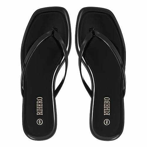 Rihero Flip Flops for Women Comfortable Square Toe Beach Sandals Slip On Leather Thong Flat Sandals Dressy thumbnail 6