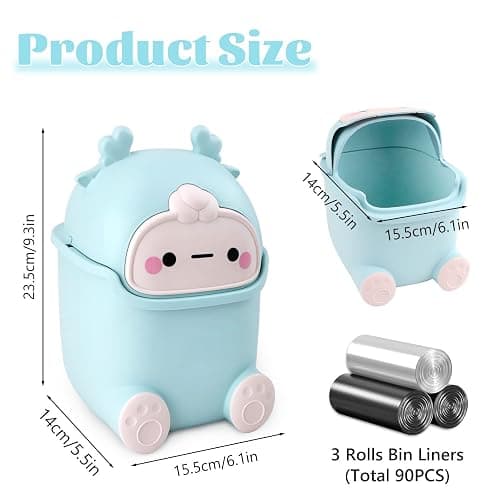 QLFJ-FurDec Cute Desktop Trash Can Wastebasket with 90 Trash Bags, Creative Tiny Countertop Garbage Can with Flip Lid, Small Plastic Storage Bin for Bedroom, Bathroom, Kitchen, Office(Sky Blue) thumbnail 2